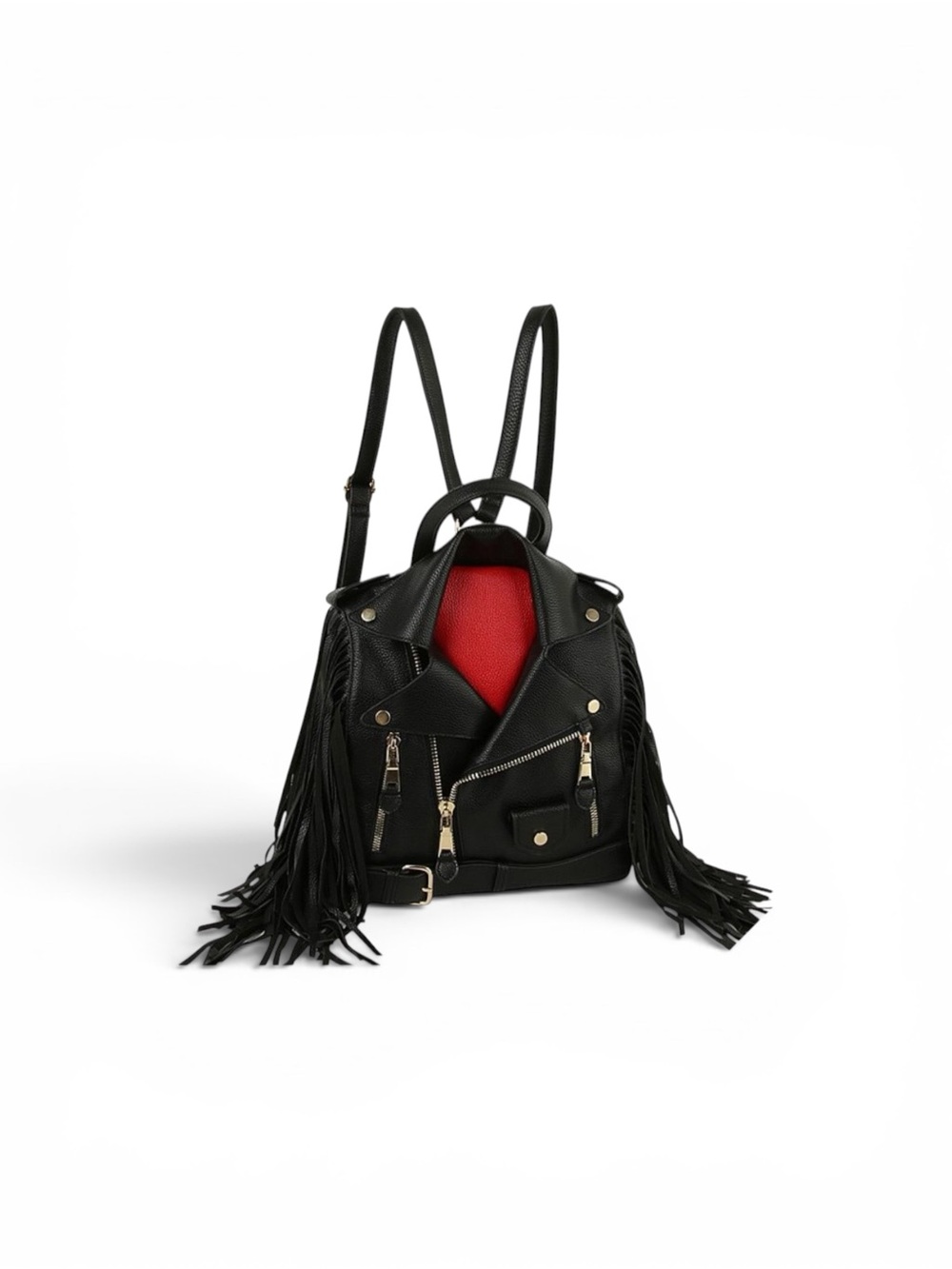 Black Fringe Motorcycle-Style Backpack with Red Interior